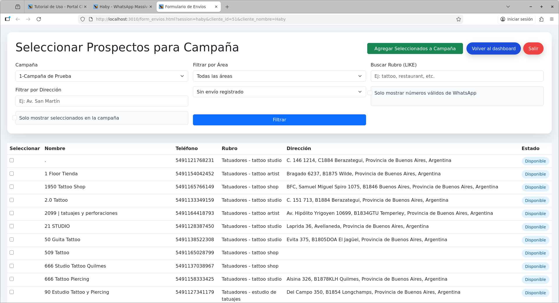 Filtrado de prospectos por rubro